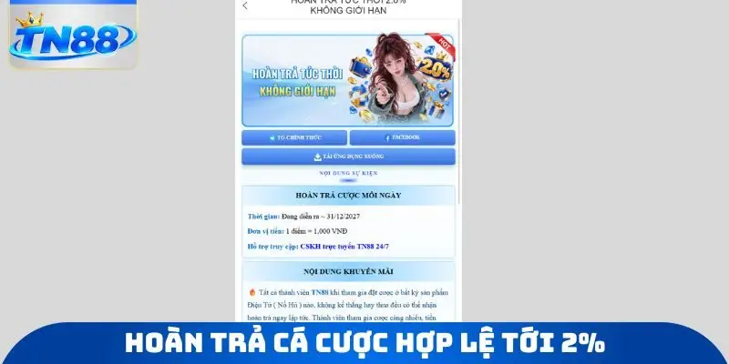 Hoàn trả cá cược hợp lệ tới 2%