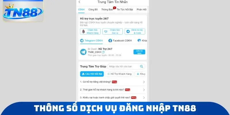 Thông số dịch vụ đăng nhập TN88